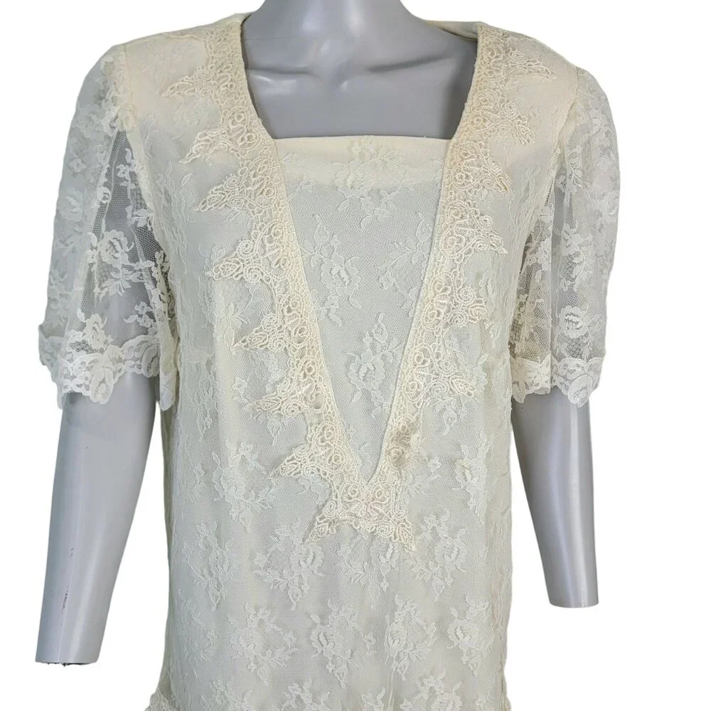Vintage 80s Lace Midi Dress Women 12 Cream 20s Style Formal Wedding Retro Summer - Picture 5 of 13